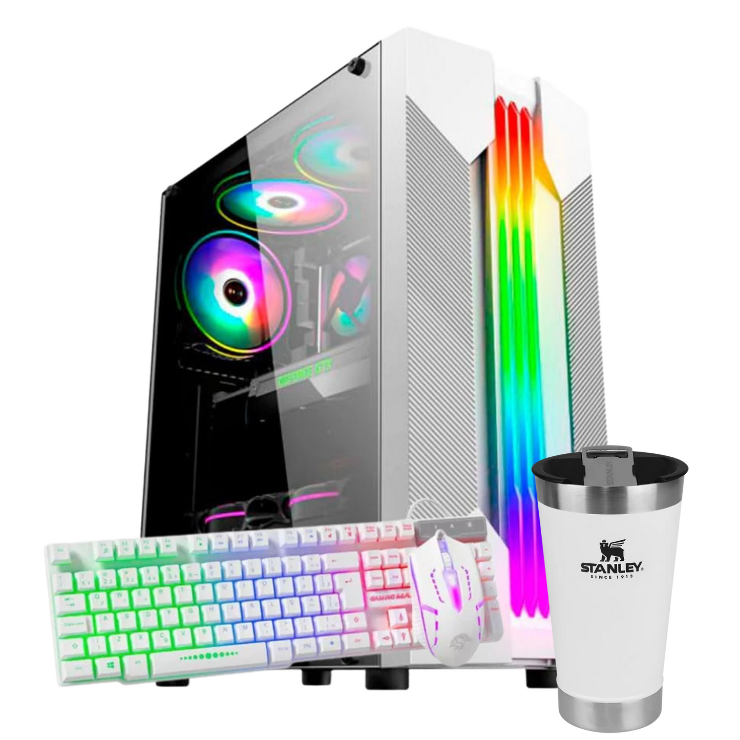 PC Gamer AMD Ryzen 5 5600GT, 16GB DDR4, SSD 480GB,Placa Mae ASUS A520M-K , Fonte 500w 80 Plus, Teclado e mouse gamer branco + COPO TERMICO STANLEY