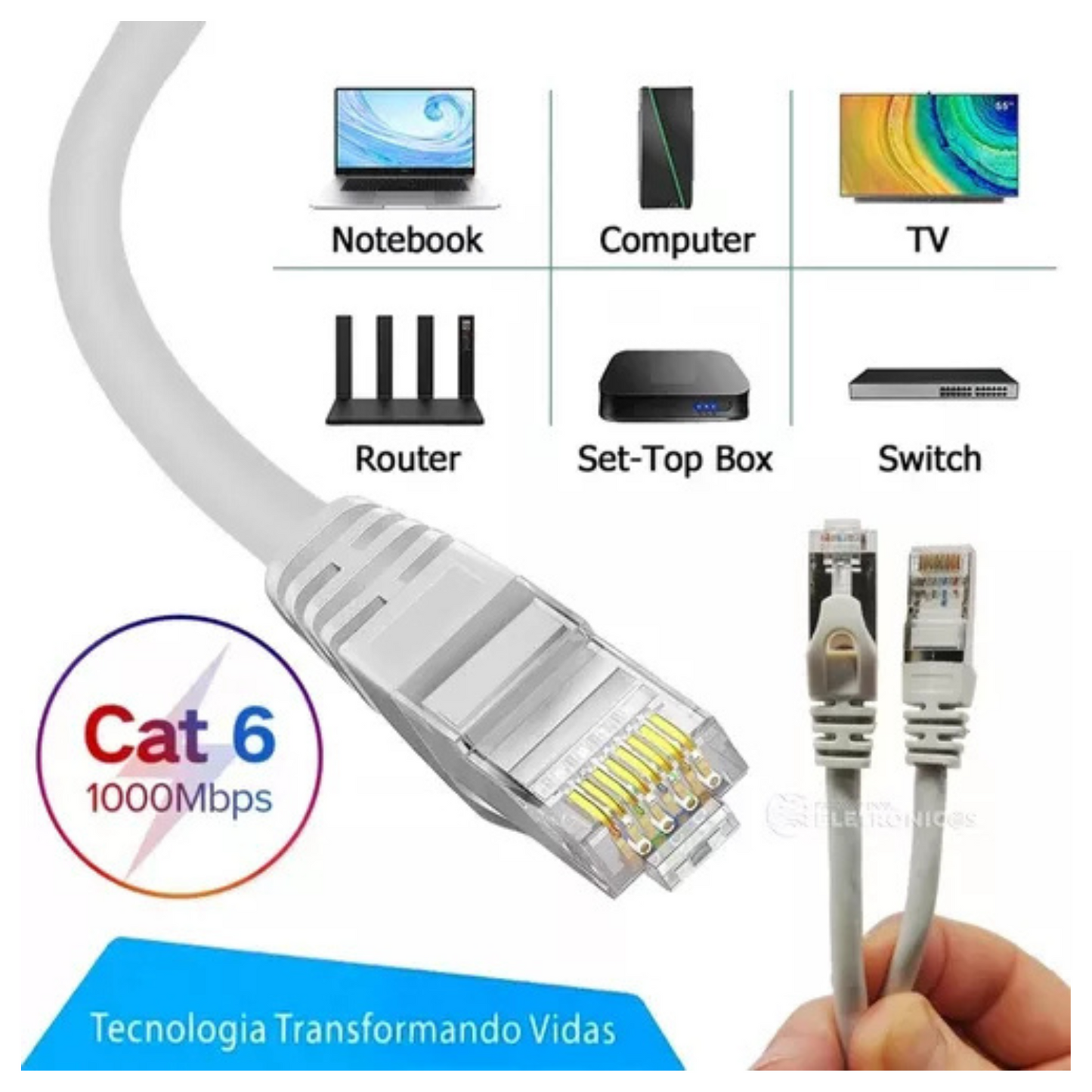 Cabo de Rede RJ45 CFTV CAT6 Com 20 Metros Conector Banhado a Ouro