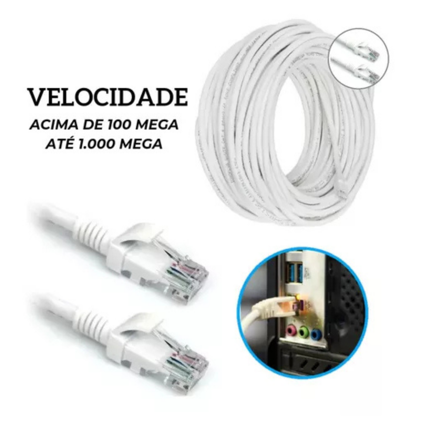 Cabo de Rede RJ45 CFTV CAT6 Com 20 Metros Conector Banhado a Ouro