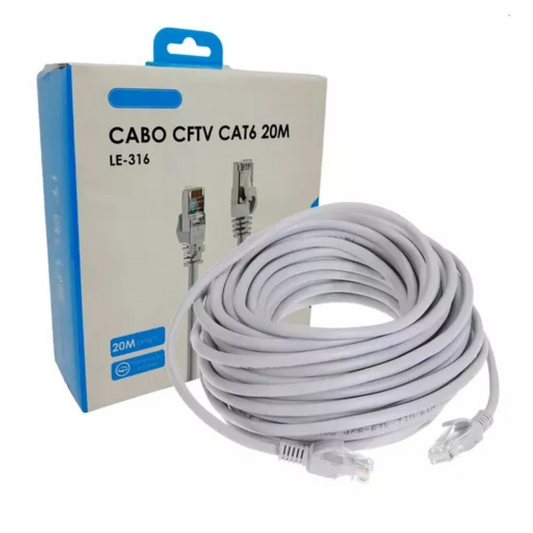 Cabo de Rede RJ45 CFTV CAT6 Com 20 Metros Conector Banhado a Ouro